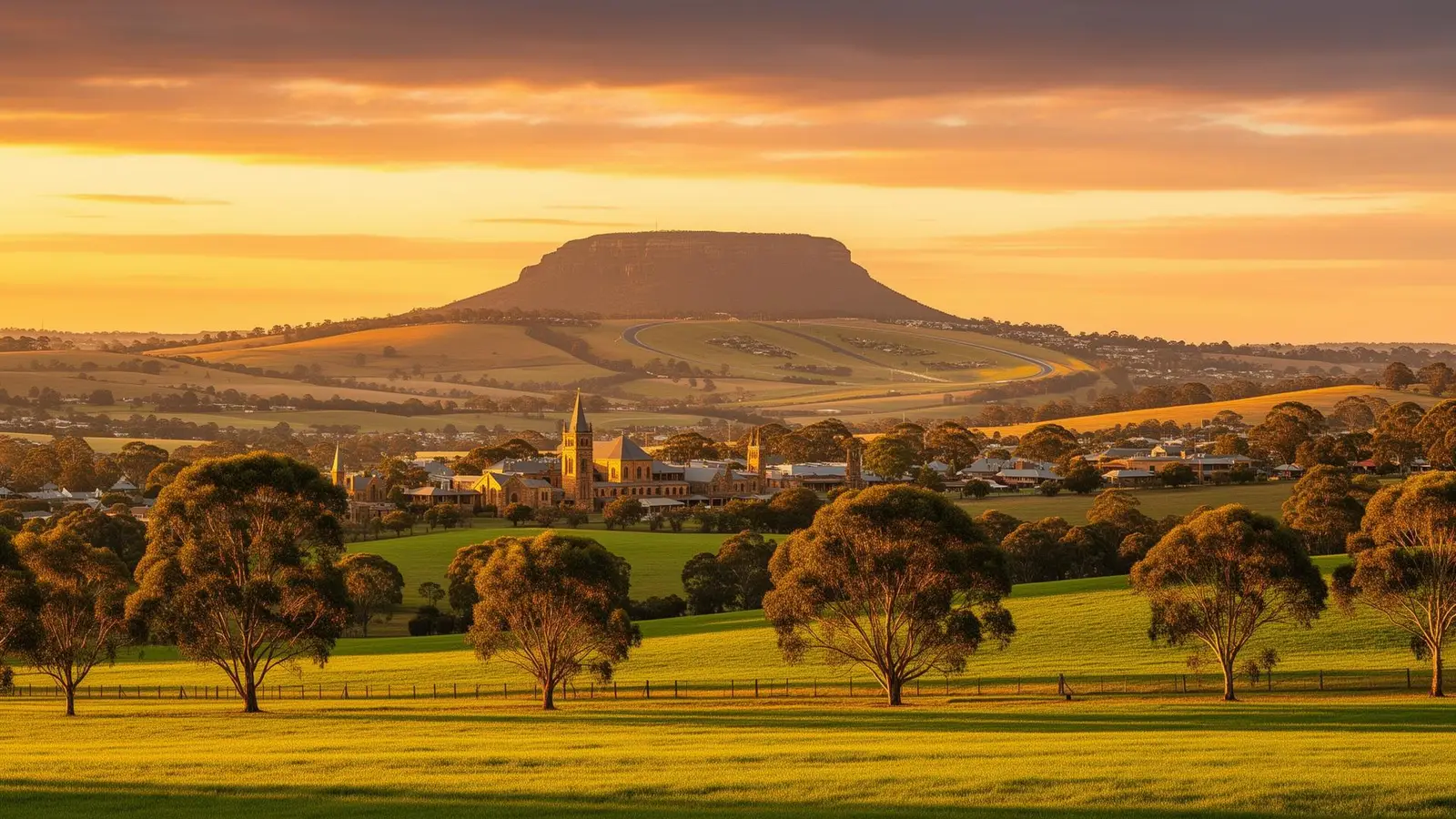 Bathurst NSW panoramic landscape at golden hour with rolling countryside and historic buildings